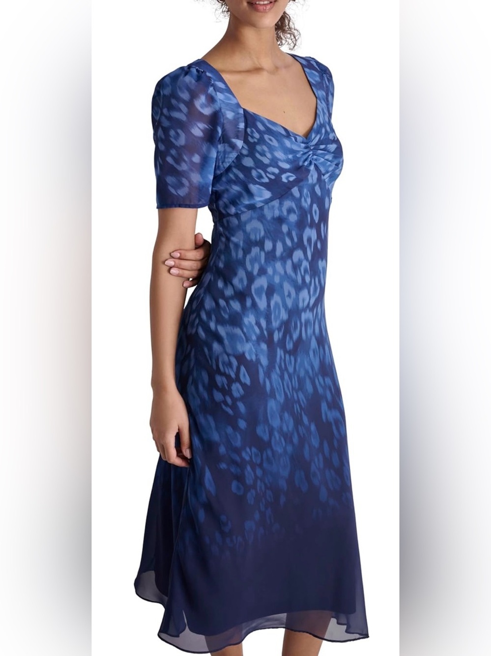 Dkny Blue Women's Short Sleeve Sweetheart Neck Lined Side Slit Midi Dress - Picture 4 of 12